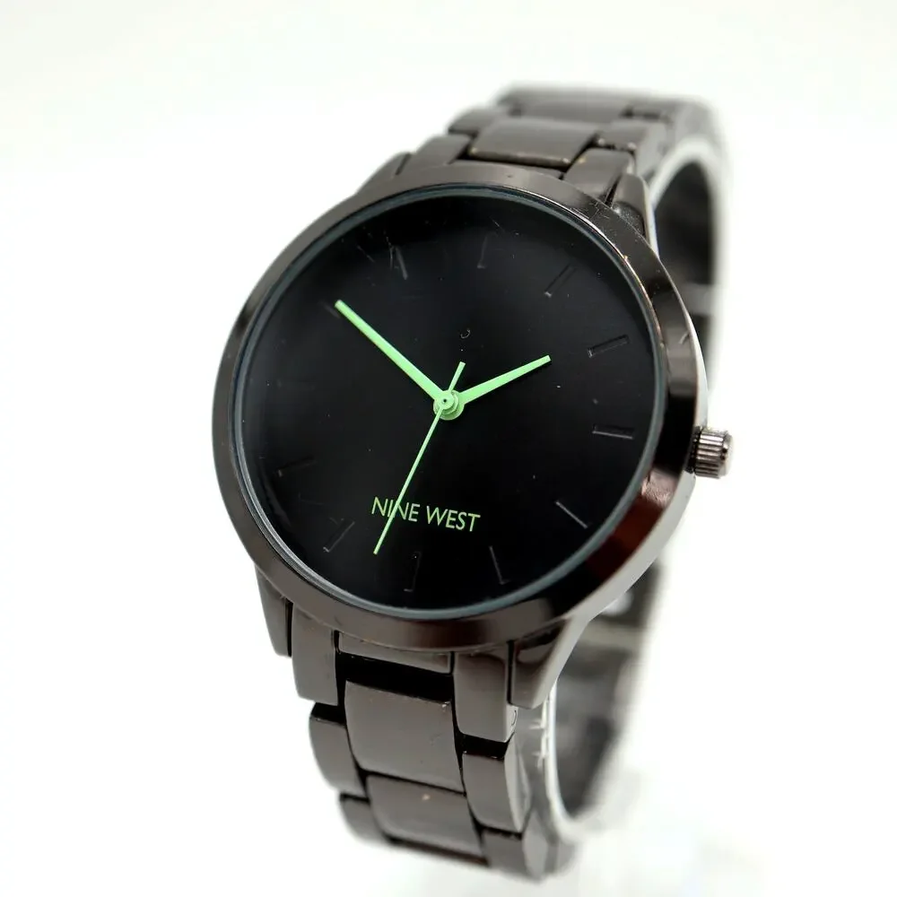 Nine West Black Green Tone Womens Watch 36mm Metal Bracelet with New Battery